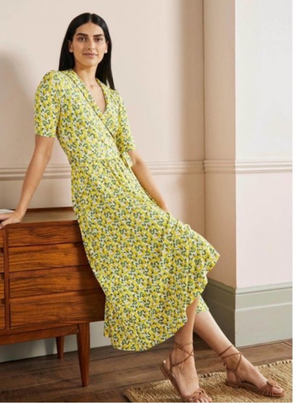 Boden Lavinia white lemon vine wrap midi dress